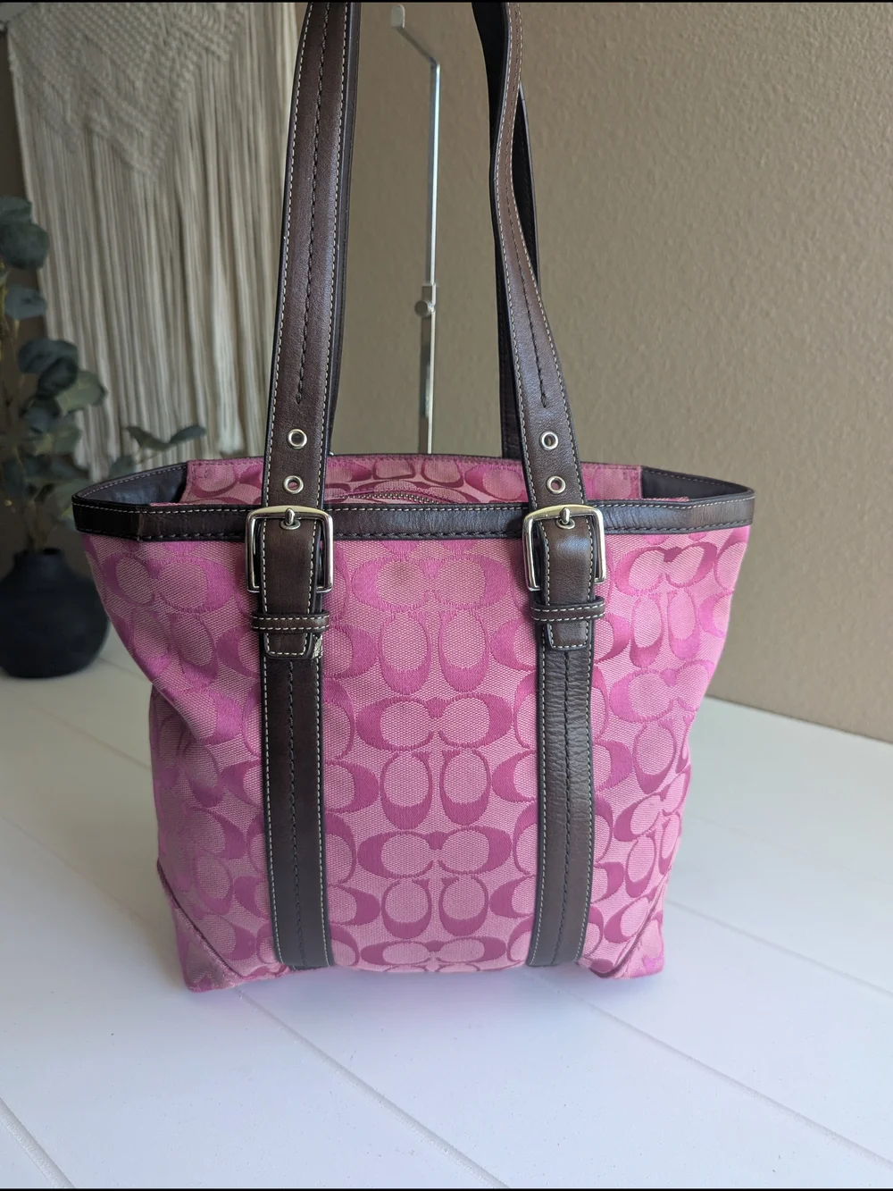 Coach Pink Signature Tote with Brown